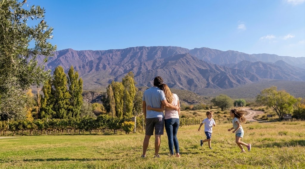 Familia observando un paisaje de montanas en Zonda